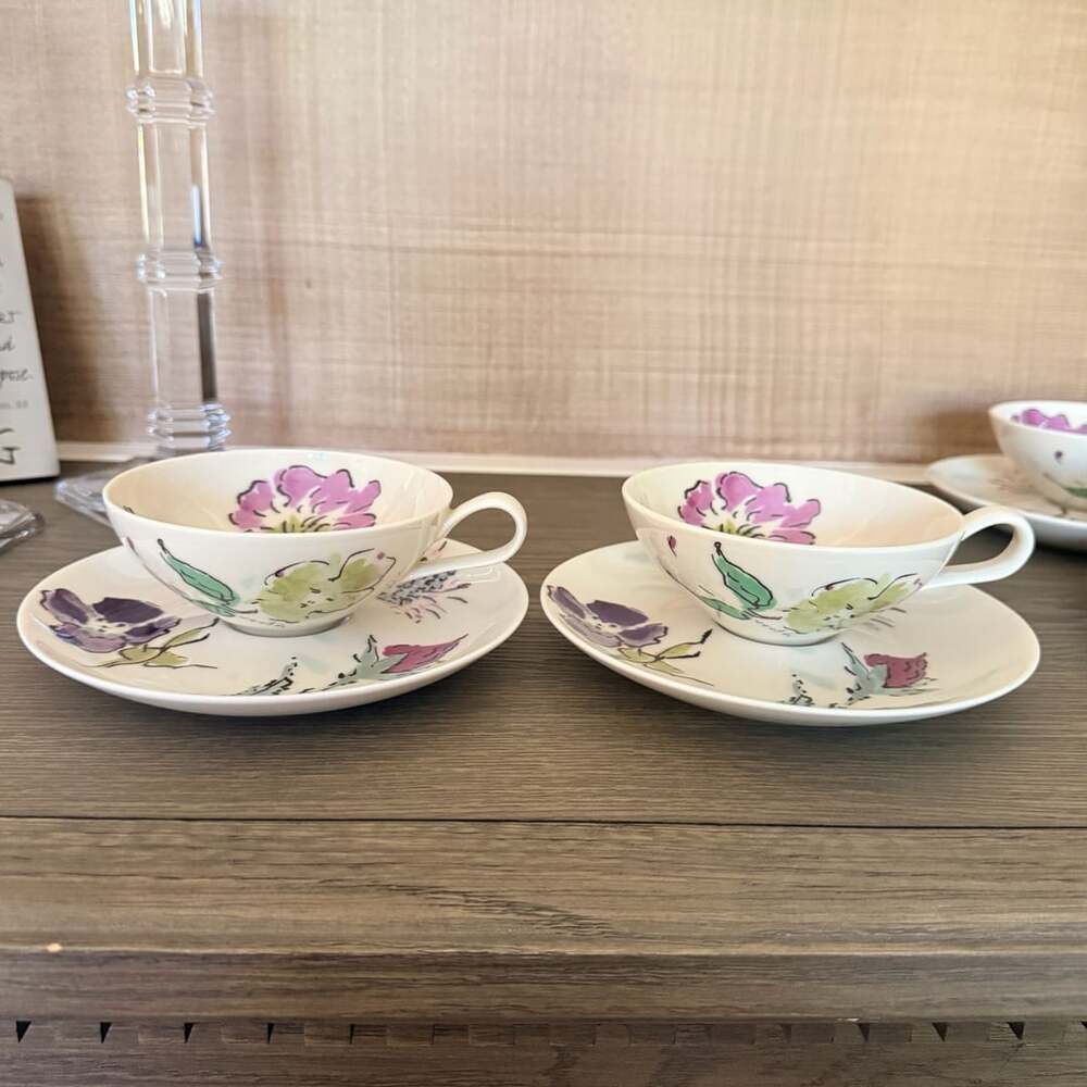 Castleton French Garden Flat Cup And Saucer Set Floral Porcelain